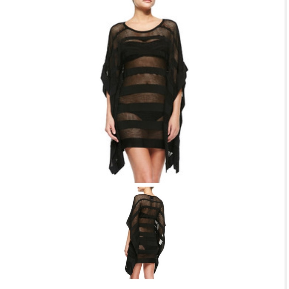 Herve Leger Black Sheer Aimee Striped Knitted Swim Cover Up M/L NWT